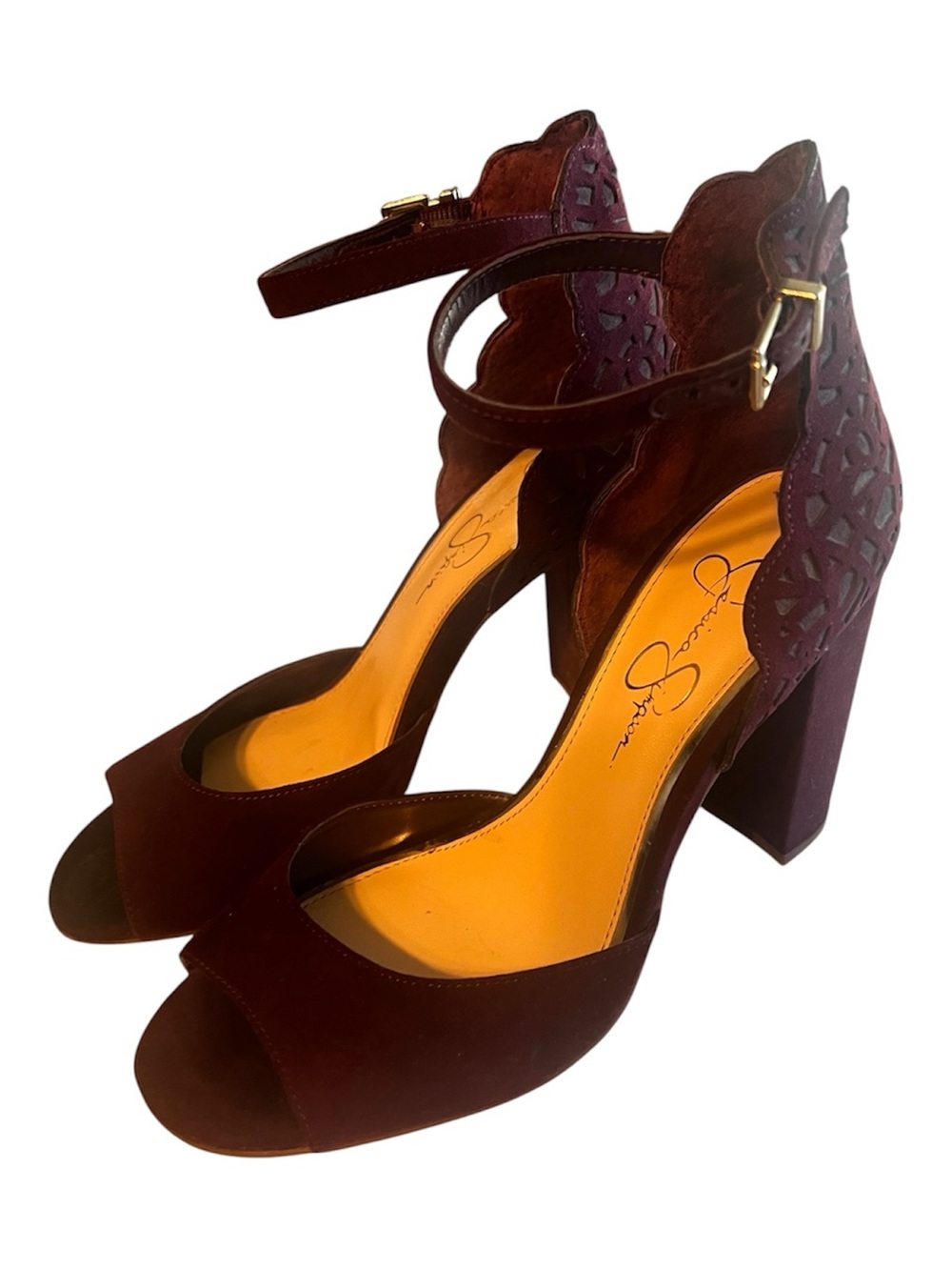 Jessica Simpson Wine Suede Peep-Toe Block Heels with Scalloped Ankle Size 7 M